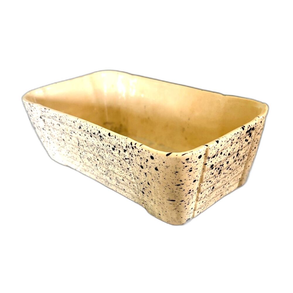 Vintage USA Pottery Loaf Pan Speckled Stoneware Bread Baker Cream Black Splatter
